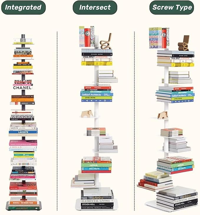 9-Tier Spine Bookshelf Metal Bookcase 5 Colors Vertical Bookshelf Tower Rotating Tall Narrow Bookshelf Ladder Book Rack Indoor (White)