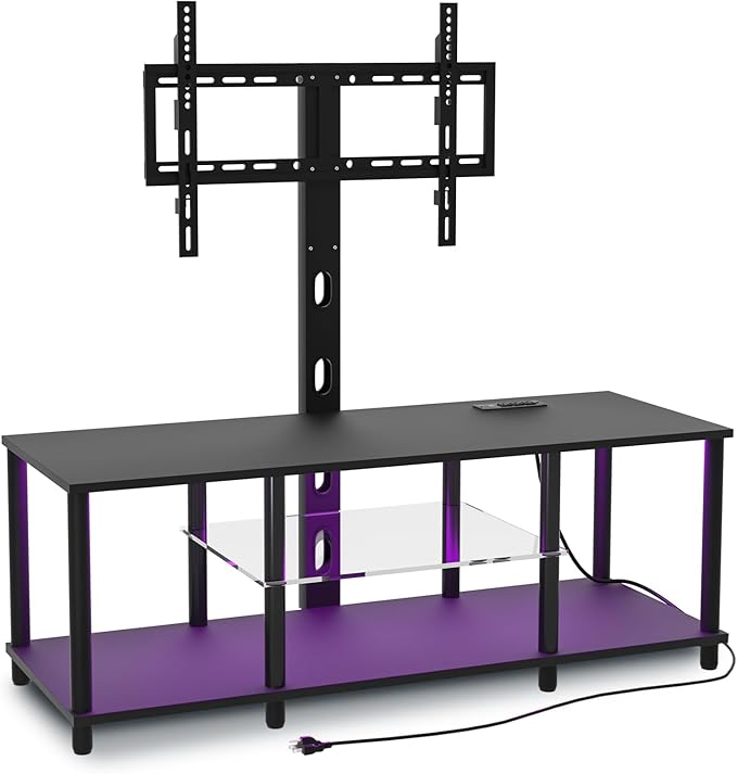 TV Stand with Mount and Led Light，Black TV Stand with Power Outlets for 32/40/43/50/55/60/65/70 Inch TV,Entertainment Center with Open Storage Shelf for Bedroom/Living Room/Office