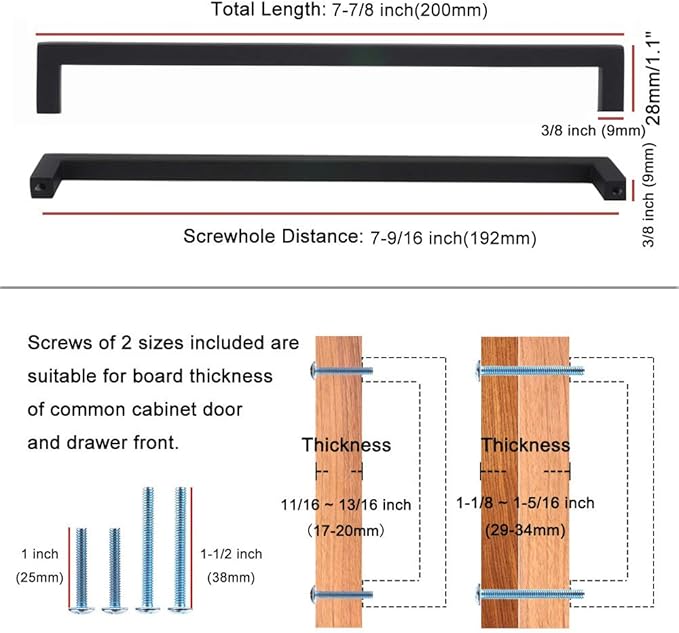 KOOFIZO Solid Square Bar Cabinet Handle - Black Furniture Pull, 7.6 Inch/192mm Screwhole Distance, 1-Piece for Kitchen Cupboard Door, Bedroom Dresser Drawer, Bathroom Wardrobe Hardware
