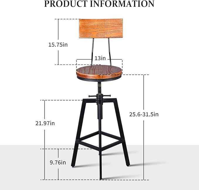 Diwhy Industrial Bar Stool Wood Metal Bar Stool,Adjustable Height Swivel Counter Height Bar Chair with Backrest,Black,Fully Welded Set of 2 (Brown Wooden Top with Wooden Backrest)