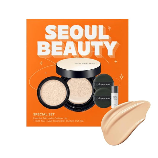 JUNG SAEM MOOL Essential Skin Nuder Cushion | Natural Finish, Buildable Coverage Cushion Foundation by Korean Makeup Artist (Refill Included, SPF 50 | Gift Set with Mool Cream & Puff), 19 Light