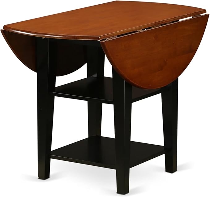 East West Furniture SUAN5-BCH-C 5 Piece Kitchen Table & Chairs Set Includes a Round Dining Table with Dropleaf & Shelves and 4 Linen Fabric Dining Room Chairs, 42x42 Inch, Black & Cherry