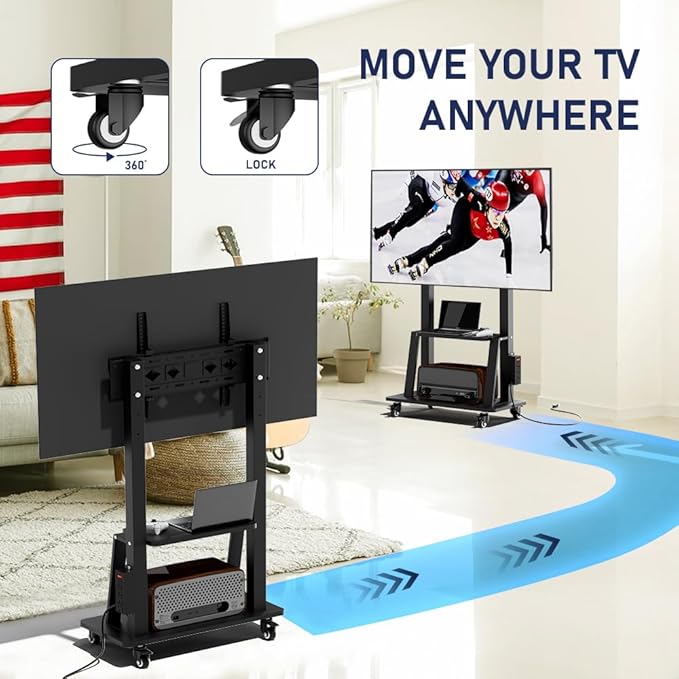 Rolling TV Stand with Power Outlet, Mobile TV Stand on Wheels for 32-75 inch TV, Height Adjustable Portable Black TV Cart, Holds up to 130LBS, Vesa 600×400mm