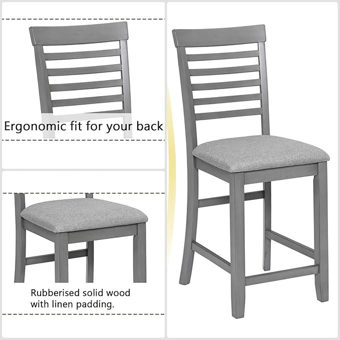 Dining Table Set for 4, Modern 5 Piece Dining Room Table Set with Square Table & 4 Ladder Backrest Upholstered Chairs, Counter Height Kitchen Chairs Set for Small Space, Gray