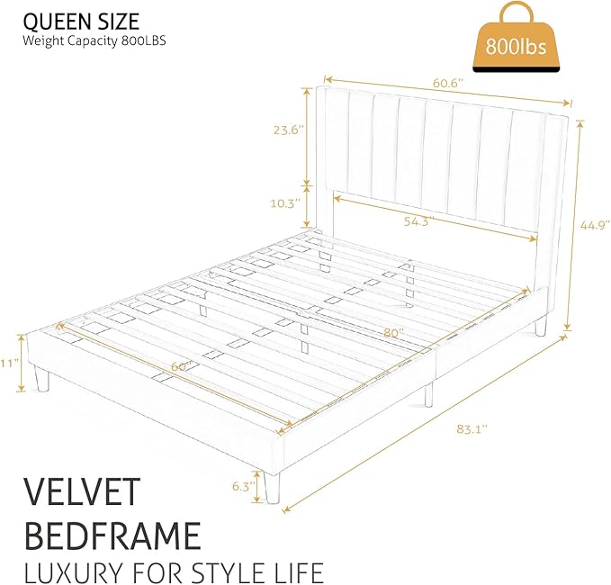 SHA CERLIN Queen Bed Frame/Velvet Upholstered Platform Bed Frame with Headboard/Strong Wood Slats Support/Mattress Foundation/No Box Spring Needed/Easy Assembly/White