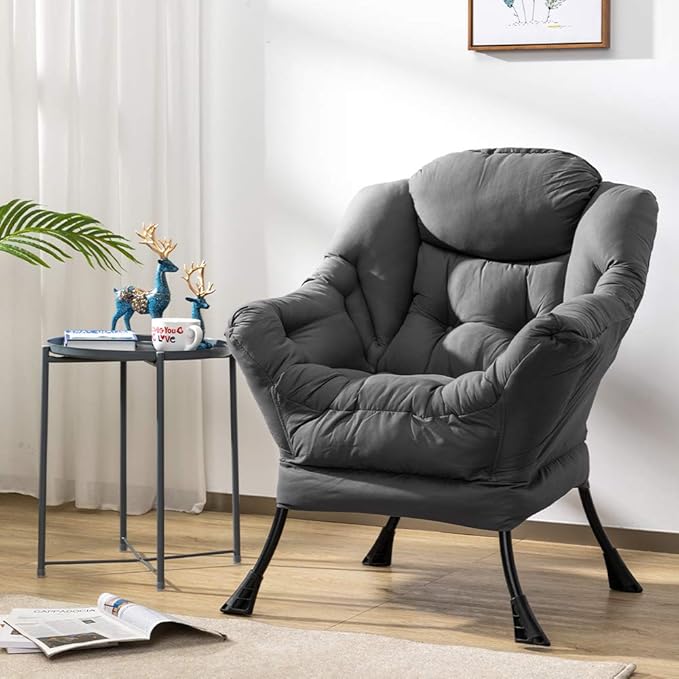HollyHOME Large Fabric Lazy Chair for Living Room Cozy Accent Reading Chair with Armrests Comfy Lounge Sofa Chair for Bedroom, Dorm & Small Spaces | Dark Grey