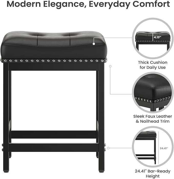 MALOL Set of 4 Saddle Bar Stools Counter Height 24.4”, Backless Barstools for Kitchen Island, Modern PU Leather Cushioned Seat, Bar Chairs for Kitchen Counter, Breakfast Bar Stools for Home,Black