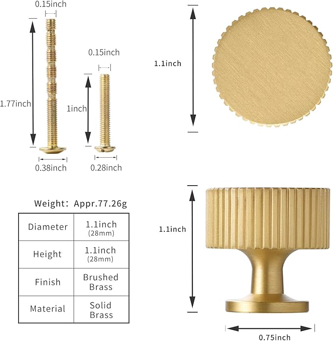 Brushed Gold Kitchen Cabinet Knob - Solid Brass Dresser Drawer Knob 6 Pack, Brass Handles for Bathroom Bedroom Closet Wardrobe,Furniture Hardware pulls