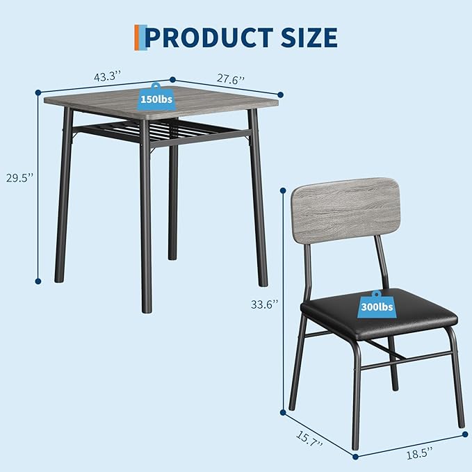 IDEALHOUSE 3-Piece Dining Table Set for 2 with Storage Rack, Wood Kitchen Table with Upholstered Chairs Set of 2, Small Square Table Set with Metal Legs Support, for Dining Room,Living Room