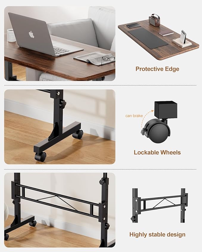 Small Standing Desk Adjustable Height, Mobile Stand Up Desk with Wheels, 32 Inch Portable Rolling Desks for Walking Pad Treadmill Wood Rustic
