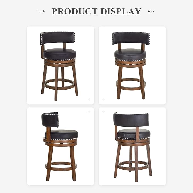 COLAMY Swivel Bar Stools Set of 3, Swivel Counter Height Barstools with Back, 25 Inch Modern Upholstered Bar Stools for Kitchen Island Dining Room Bar, Dark Brown