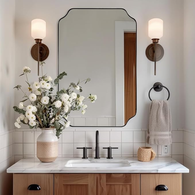 ANDY STAR Matte Black Mirror 26x38 Inch, Scalloped Wall Mirror, Unique Rectangular Bathroom Mirror in Premium Stainless Steel Metal Frame 1’’ Deep, Hangs Vertically/Horizontally