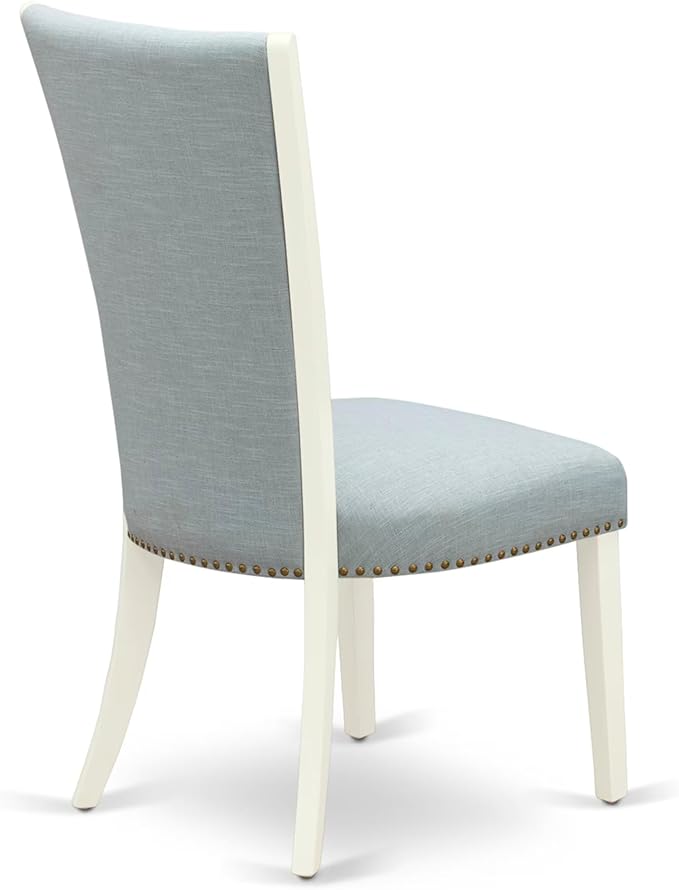 East West Furniture V097VE215-9 9 Piece Dining Set Includes a Rectangle Dining Room Table with V-Legs and 8 Baby Blue Linen Fabric Upholstered Parson Chairs, 40x72 Inch, Multi-Color