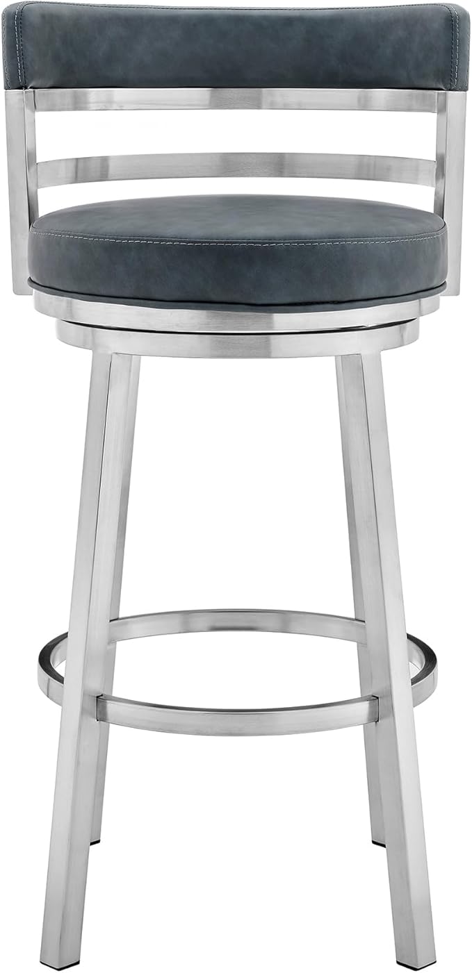 Armen Living Madrid 26" Seat Height Swivel Modern Blue Faux Leather and Brushed Stainless Steel Bar Stool for Kitchen Island Counter