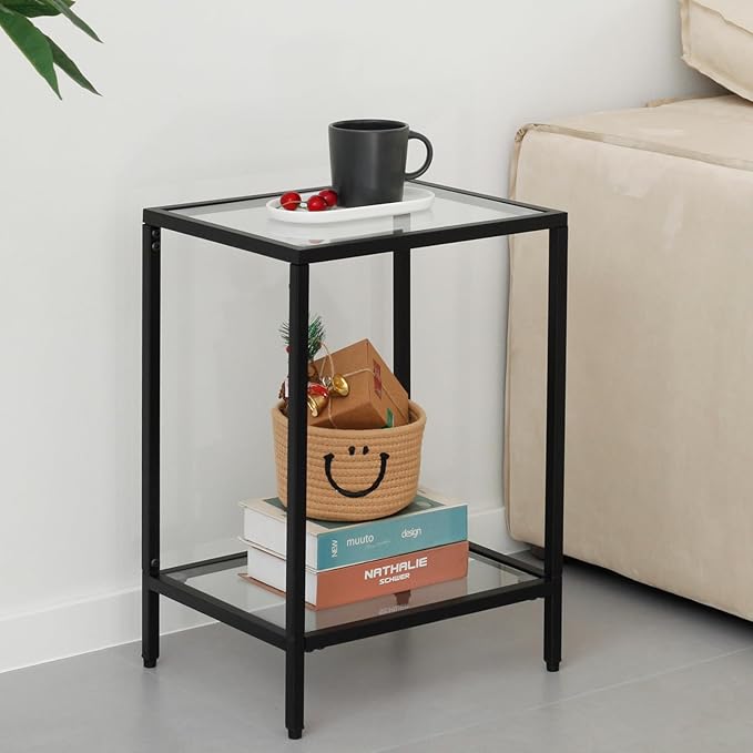 Modern 2-Tier Tempered Glass End Table - Stylish Black Metal Side Table for Small Spaces, Perfect for Living Room & Bedroom (Black, 2PCS)