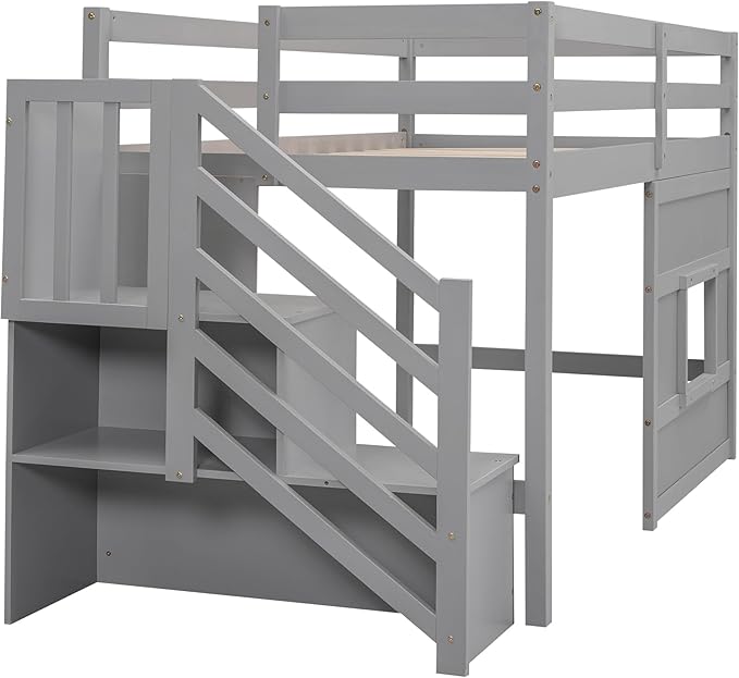 Twin Size Loft Bed with Storage Staircase and Window,Wood Twin Loft Bunk Bedframe with Full-Length Guardrail and Sturdy Slat Support, No Noise,No Box Spring Needed,for Kids,Teens,Boys,Girls,Gray