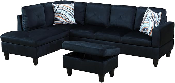 L Shaped Couch Modern Sectional Couch Upholstered Microfiber Fabric 3 Pieces Sofas for Living Room with Chaise, Storage Ottoman for Office and Small Apartment, Midnight Blue