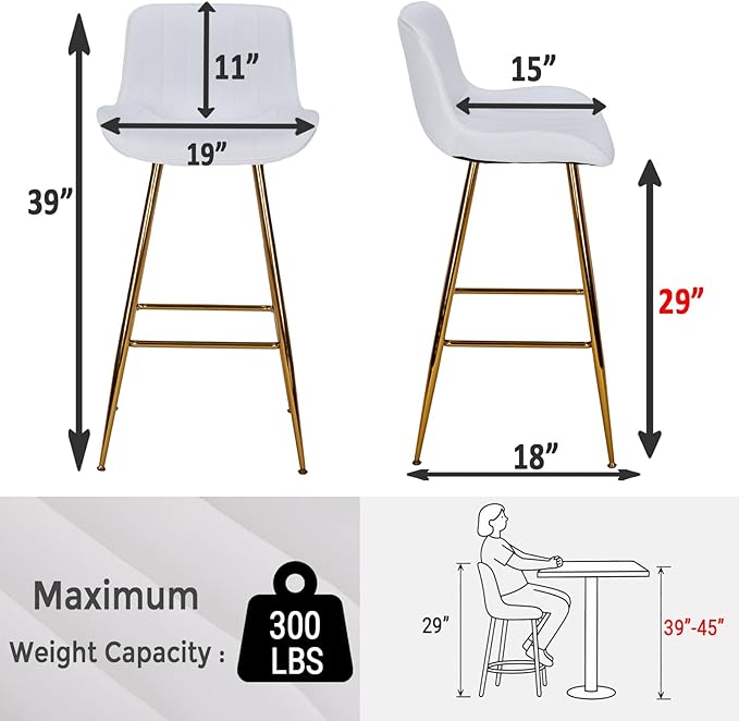 Sidanli Velvet Bar Stools with Gold Legs, Set of 2 Counter Height Stools for Kitchen Island, 29 Inch Modern Barstools with Swivel Leveling Feet, White