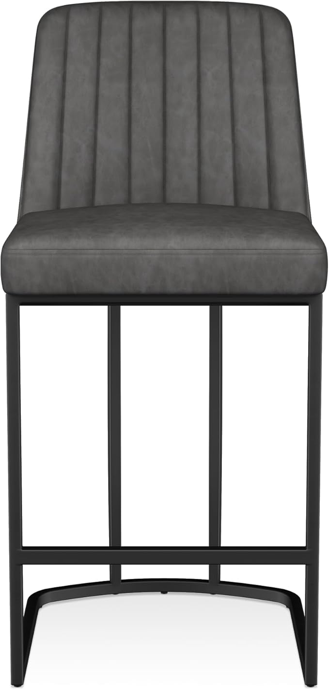 Bar Stools Set of 4, Faux Leather Counter Height Barstools, Upholstered Kitchen Counter Stools with Back and Stitching, 25.6" H Kitchen Island Stools Bar Chair, Metal Framed, Black Grey