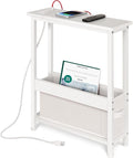 Slim Charging End Table with Storage - for Small Spaces and Bedroom (White)