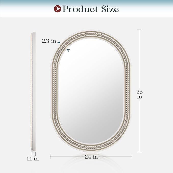 Boho Oval Mirror, 24" x 36" Farmhouse Antique Oval Bathroom Mirrors, Wooden Rustic Decorative Mirror with Beaded for Wall, Bedroom, Dining Room, Hallway, Vertical or Horizontal Hanging