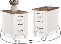 WAMPAT 2 Pack Off White End Table with Charging Station, Wood Side Sofa Table with Drawer and Storage Cabinet, Modern Nightstand with Power Outlets & USB Ports for Living Room, Bedroom