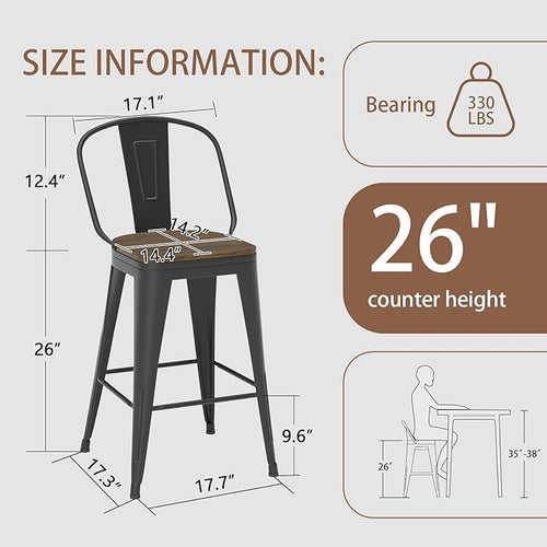 26” Swivel Bar Stools Set of 4, Counter Height Bar Stools Wooden Seat, Metal Industrial Bar Chairs with High Back for Kitchen Island (Black)