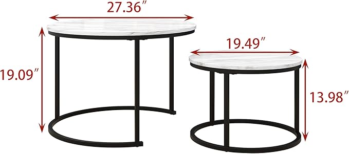 Nesting Round Coffee Table Set of 2 End Tables for Living Room,Circular and Marble Coffee Table Wooden Accent Furniture with Metal Frame,Stacking Side Tables,Black