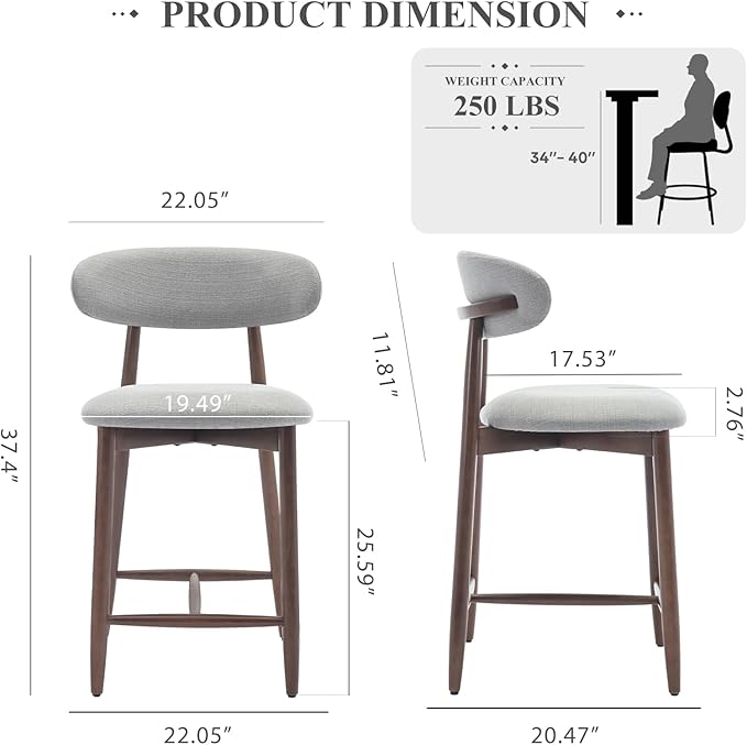 COLAMY Bar Stools Set of 6, Counter Height Bar Stools, Wood Bar Stools with Back, Upholstered Wooden Barstools for Island Dining Room Bar, Light Grey