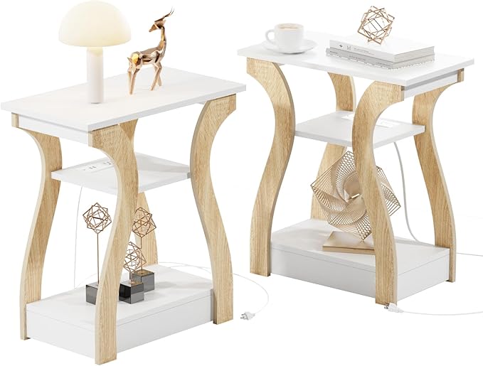 End Table Set of 2 with Charging Station, Side Table with USB Ports and Outlets, Nightstand, 3 Tier End Table with Storage Shelf for Living Room, Bedroom (White Set of 2)