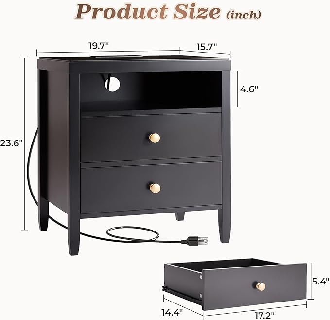 Huuger Black Nightstand Set of 2, Night Stand with Charger Station, Bedside Table with 2 Drawers, Bed Side Tables for Bedroom, Modern Nightstands, Metal Knobs, Painted Surface