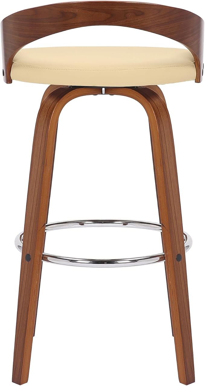 Armen Living Sonia 30" Bar Height Swivel Cream Faux Leather and Walnut Wood Bar Stool - Set of 3