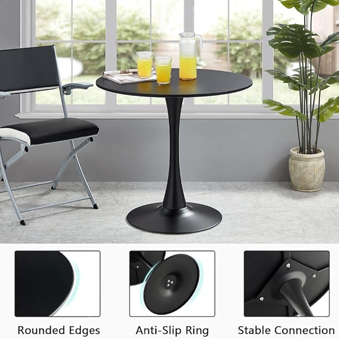 31.2" Tulip Dining Table, Black, Perfect for 2-4 People, Mid-Century Modern Style, Round MDF Top with Sturdy Base for Dining Room, Living Room, Cafe