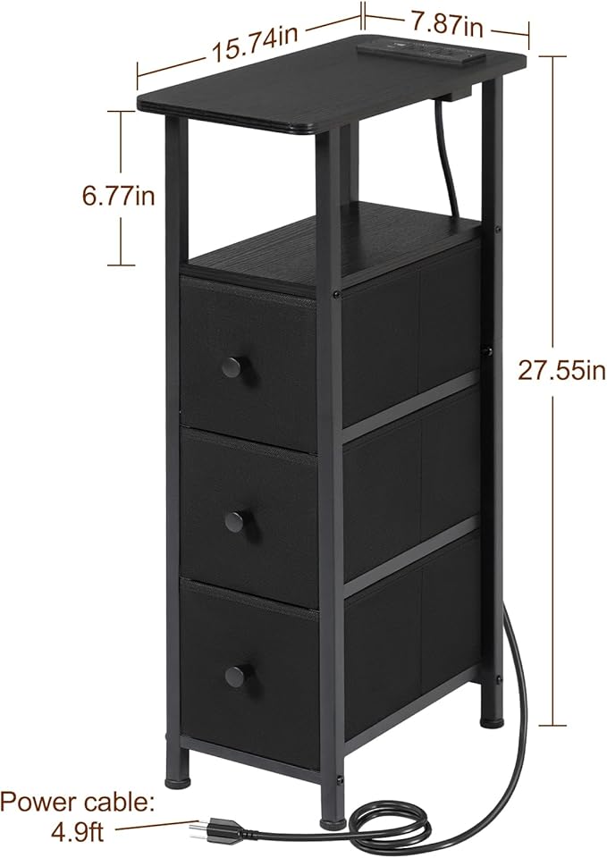 Narrow End Table Living Room with Charging Station, Skinny Side Table with Fabric Drawers, Slim Nightstand for Bedroom, Small Spaces, Couch, Black, HETNDP03BK-1