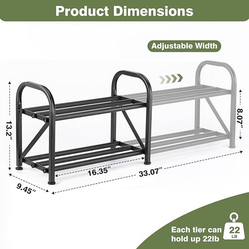 2-Tier Shoe Rack for Closet, 16"-33" Expandable ShoeRack, Adjustable for Entryway Closet Doorway SturdyMetal, Black