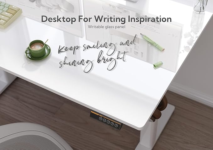 Claiks Glass Standing Desk, 48x24 Inch White Standing Desk Adjustable Height Electric Stand Up Quick Install for Computer Desks, Super White