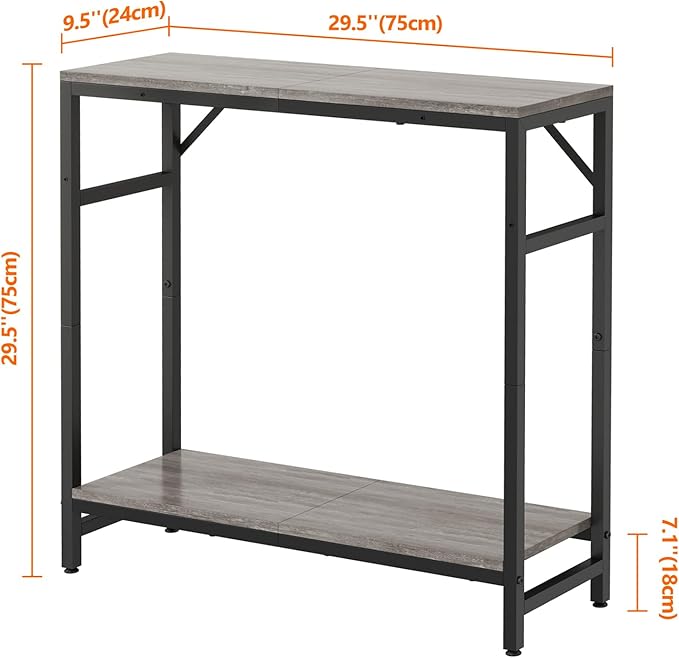 Narrow Console Table, 2 Tier Entryway Table, Thin Sofa Table, Industrial Couch Table with 2 Support Bar, Small Side Tables for Living Room, Bedroom, Hallway, Foyer, Grey