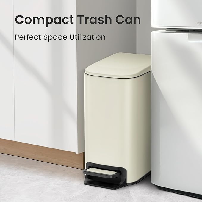 Cesun Small Bathroom Trash Can with Lid Soft Close, Step Pedal, 6 Liter / 1.6 Gallon Stainless Steel Garbage Can with Removable Inner Bucket, Anti-Fingerprint Finish (Creamy White)
