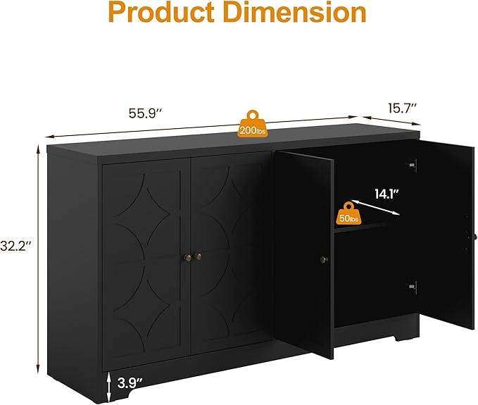 Sideboard Buffet with 4 Doors, Mid-Century Sideboard Cabinet with Adjustable Shelves, Accent Cabinet for Entryway, Living Room, Dining Room, Black