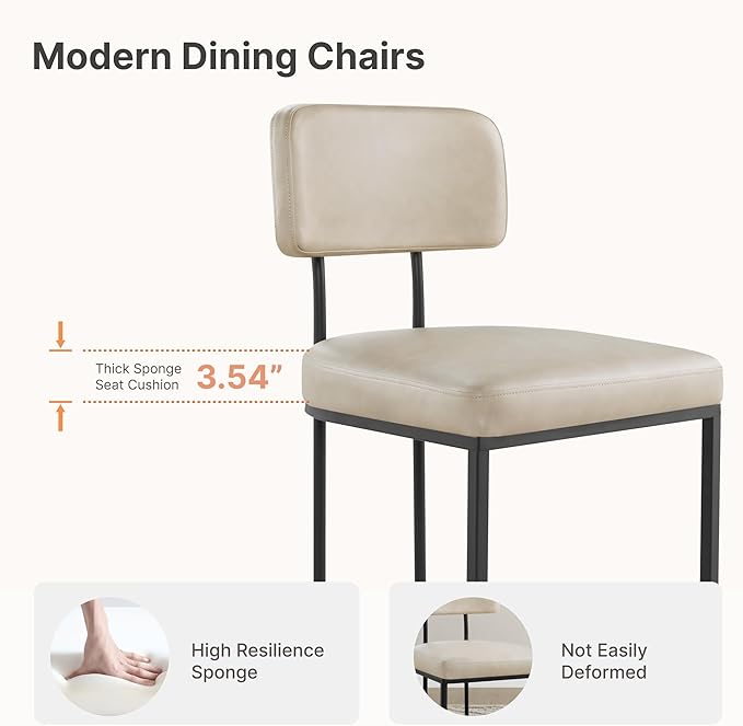 Dining Chairs Set of 4, Upholstered Modern Kitchen Chairs with Ergonomic Backrest, Faux Leather Cushion Seat & Metal Legs for Living Room, Restaurant, and Café, Beige, 2 Boxs