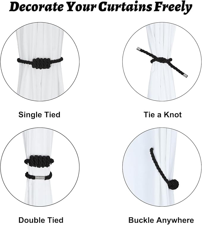 BEL AVENIR Magnetic Cotton Curtain Tiebacks, Decorative Drapery Holdbacks Modern Woven Tie-Backs with Exquisite Knot (Black Cotton, 4 Pack)