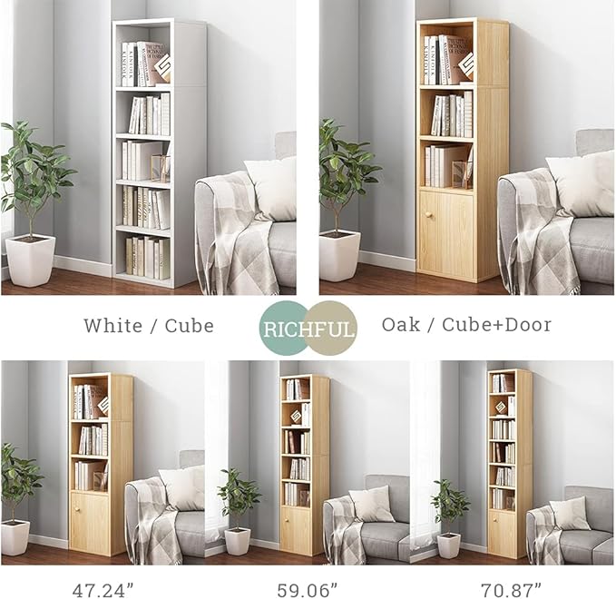 IOTXY Small Narrow Corner Bookcase - 47 Inches Tall Gap Freestanding Storage Cabinet, 4 Lattices Open Shelves Tower Rack with Door, Cubes Bookshelf in Oak