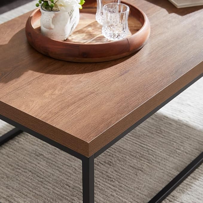 CENSI 47-Inch Dark Walnut Coffee Table for Living Room, Modern Industrial, Rectangular Wood and Metal Center Table with Extra Thick Tabletop (Dark Brown)