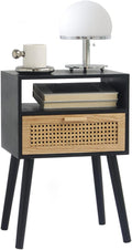 MaxSmeo End Table with Storage Mid Century Nightstand with Rattan Drawer and Shelf, Wood Small Side Coffee Table for Small Space, Living Room and Bedroom, Easy Assembly (Black)
