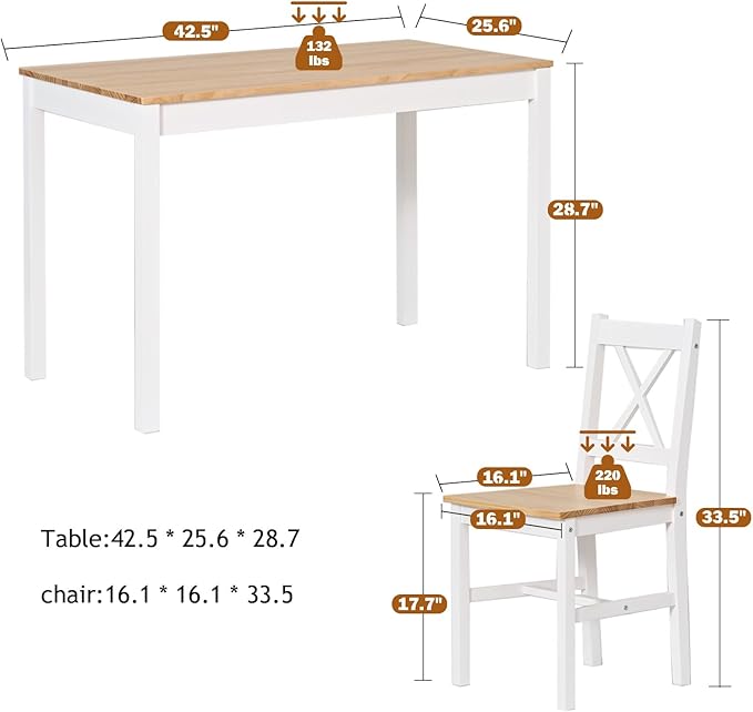sogesfurniture Dining Table Set for 4，Dinette Set for 4 Small Space,5 Pieces Dining Table for Kitchen, Dining Room 42.5'', Pine Wood,Oak&White