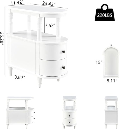 2 Set of Wood End Table with 2 Drawers and Storage Shelf, Narrow Sofa Side Table for Living Room, Vintage Slim Nightstand Bedside Table for Bedroom, Slim Chair Side Table White BGA508WT
