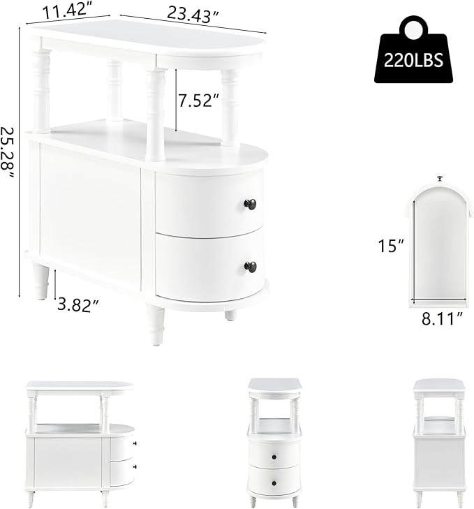 Wood End Table with 2 Drawers and Storage Shelf, Narrow Sofa Side Table for Living Room, Vintage Slim Nightstand Bedside Table for Bedroom, Slim Chair Side Table White BGA508WT