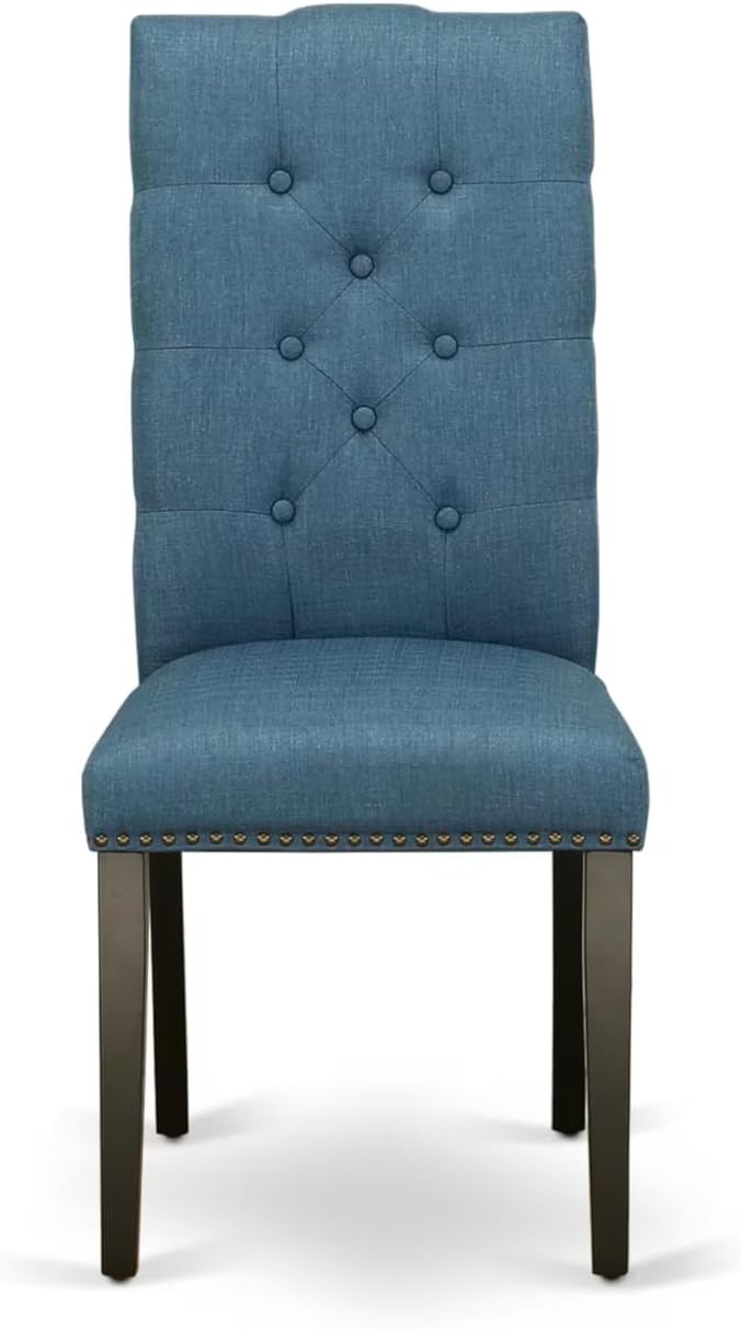East West Furniture V627EL121-7 7 Piece Modern Dining Table Set Consist of a Rectangle Wooden Table with V-Legs and 6 Blue Linen Fabric Upholstered Chairs, 40x72 Inch, Multi-Color