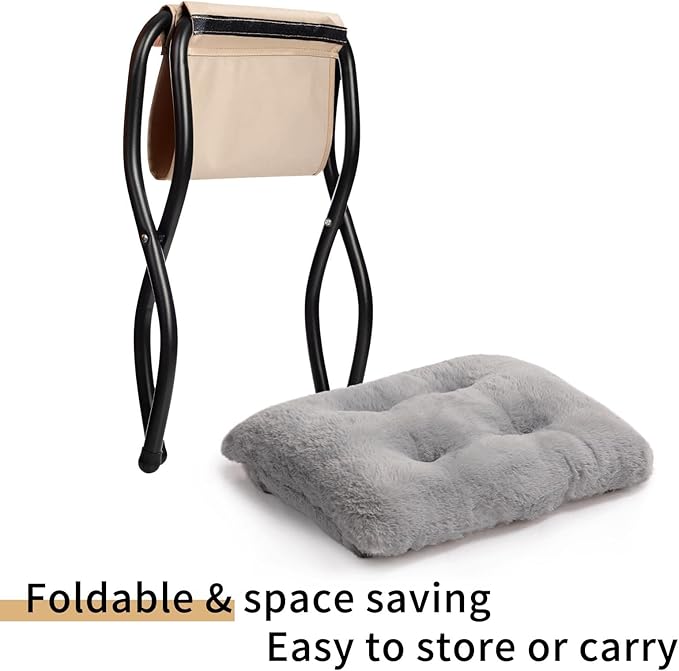 HollyHOME 15"(H) Folding Footrest Stool, Upholstered Small Foldable Ottoman, Accent Padded Sofa Foot Stool for Lazy Chair, Metal Frame Portable Foot Rest Ottoman for Home, Living Room, Bedroom, Grey