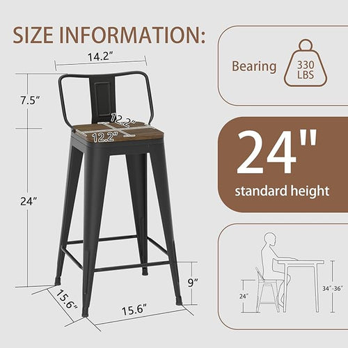 24 Inch Swivel Bar Stools Set of 4, Counter Height Bar Stools with Low Back, Metal Industrial Bar Chairs for Kitchen Island (Matte Black)